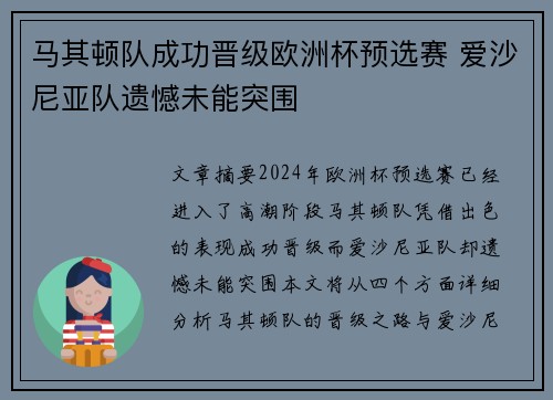 马其顿队成功晋级欧洲杯预选赛 爱沙尼亚队遗憾未能突围